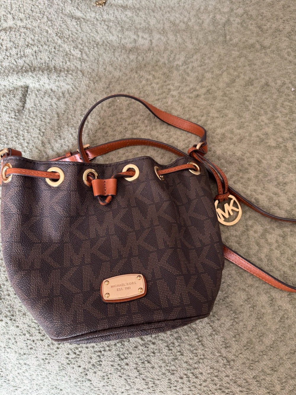 Michael Kors Brown MK Monogram Drawstring Crossbody with Tan Trim